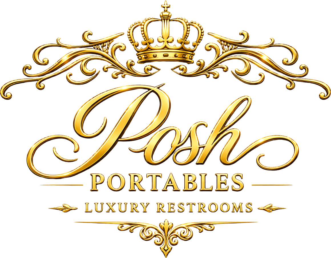 Elegant gold logo for Posh Portables luxury restrooms with a crown design.