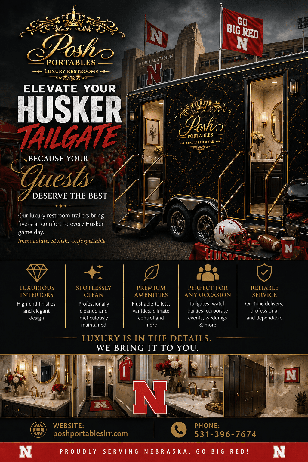 Elegant invitation for Husker Tailgate at The Pinhook with drinks and live music.
