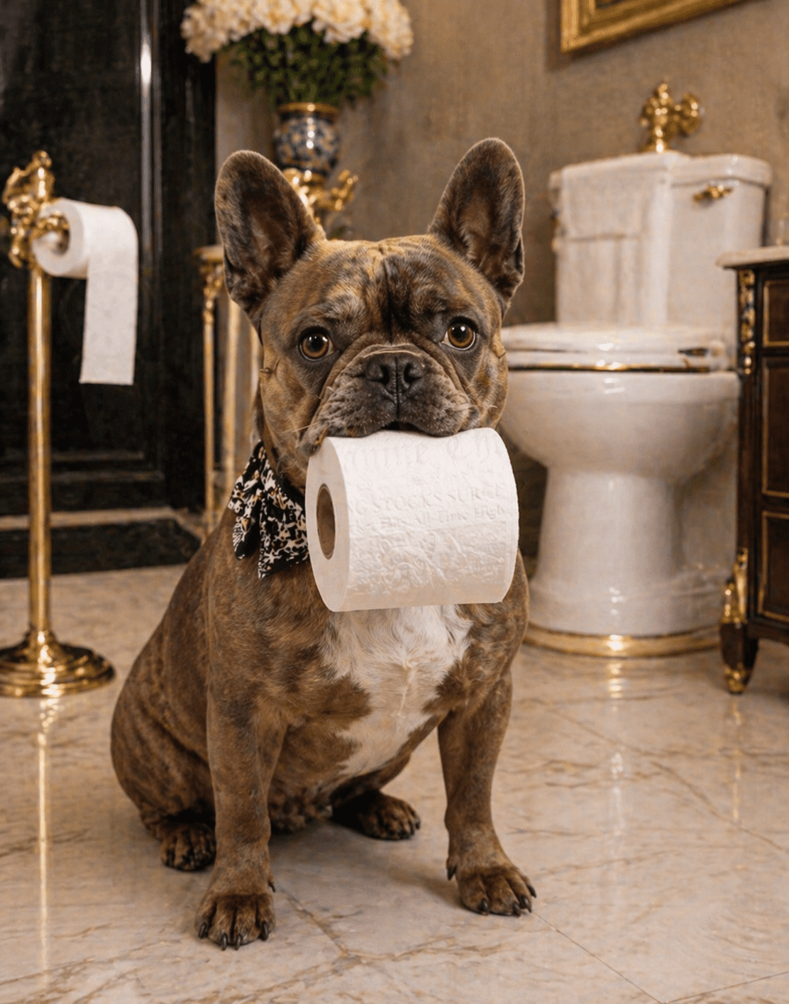 A dog holding a toilet paper roll in a bathroom.