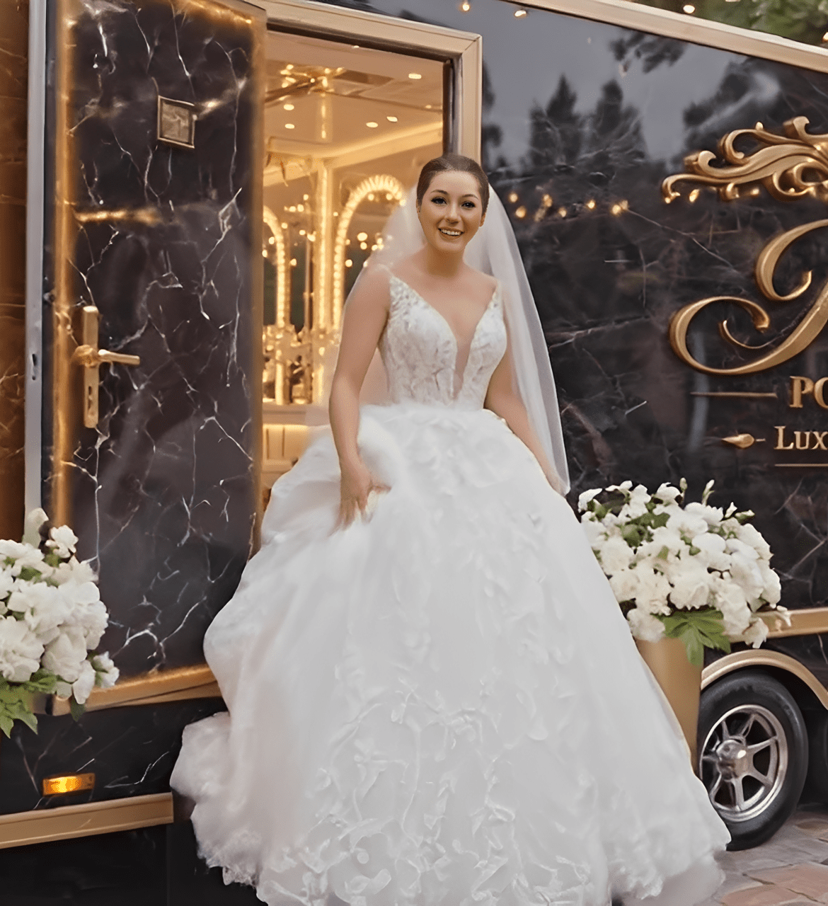 Woman in white dress exiting luxury trailer
