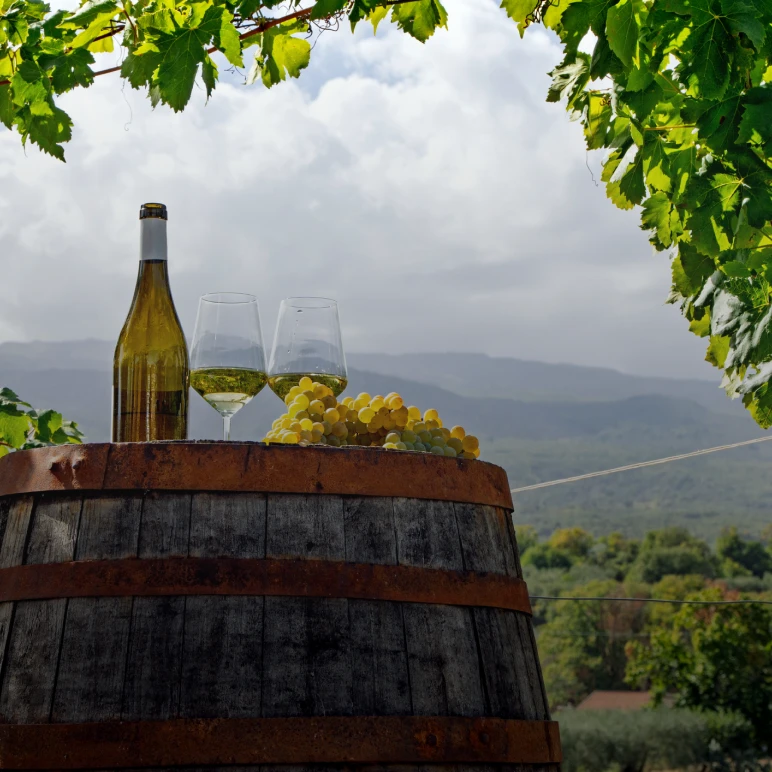 Wine bottle and glasses on barrel