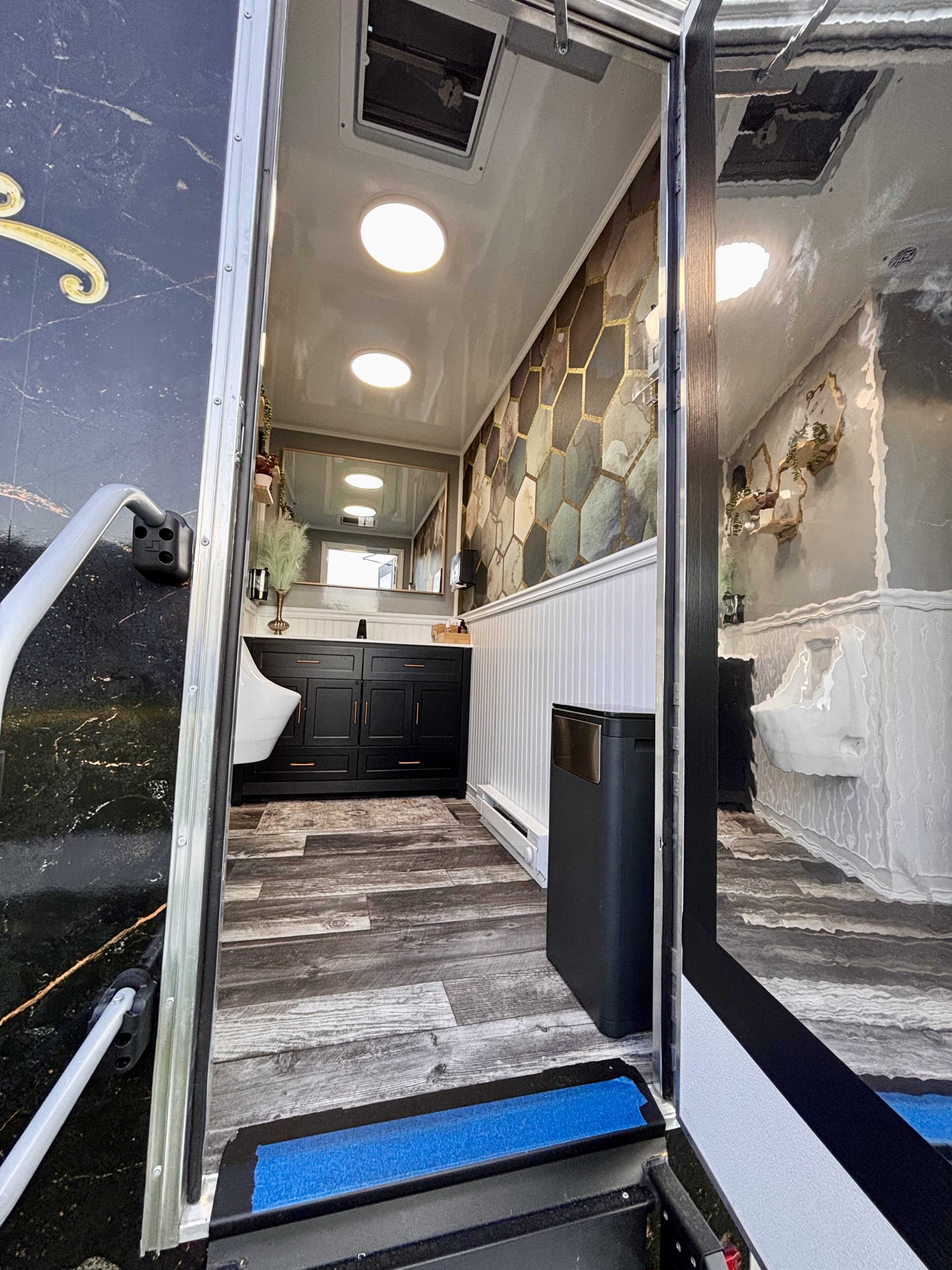 Interior of stylish portable restroom trailer